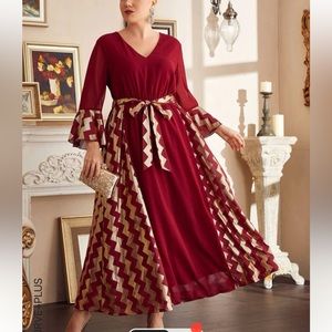 Super cute Red and Gold Plus Chevron Print Flounce Sleeve Belted Dress Size 1XL